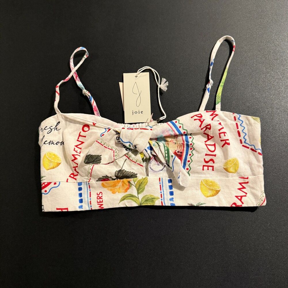 NWT Joie Women's Size 10 Linen Blend Tie Front Crop Top Summer Print Y2K Beach